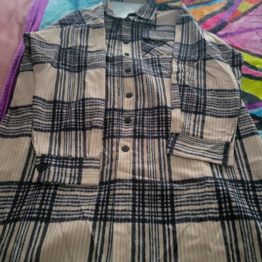 Shein SXY Plaid Print Button Through Coat  - Khaki Size Medium (6)